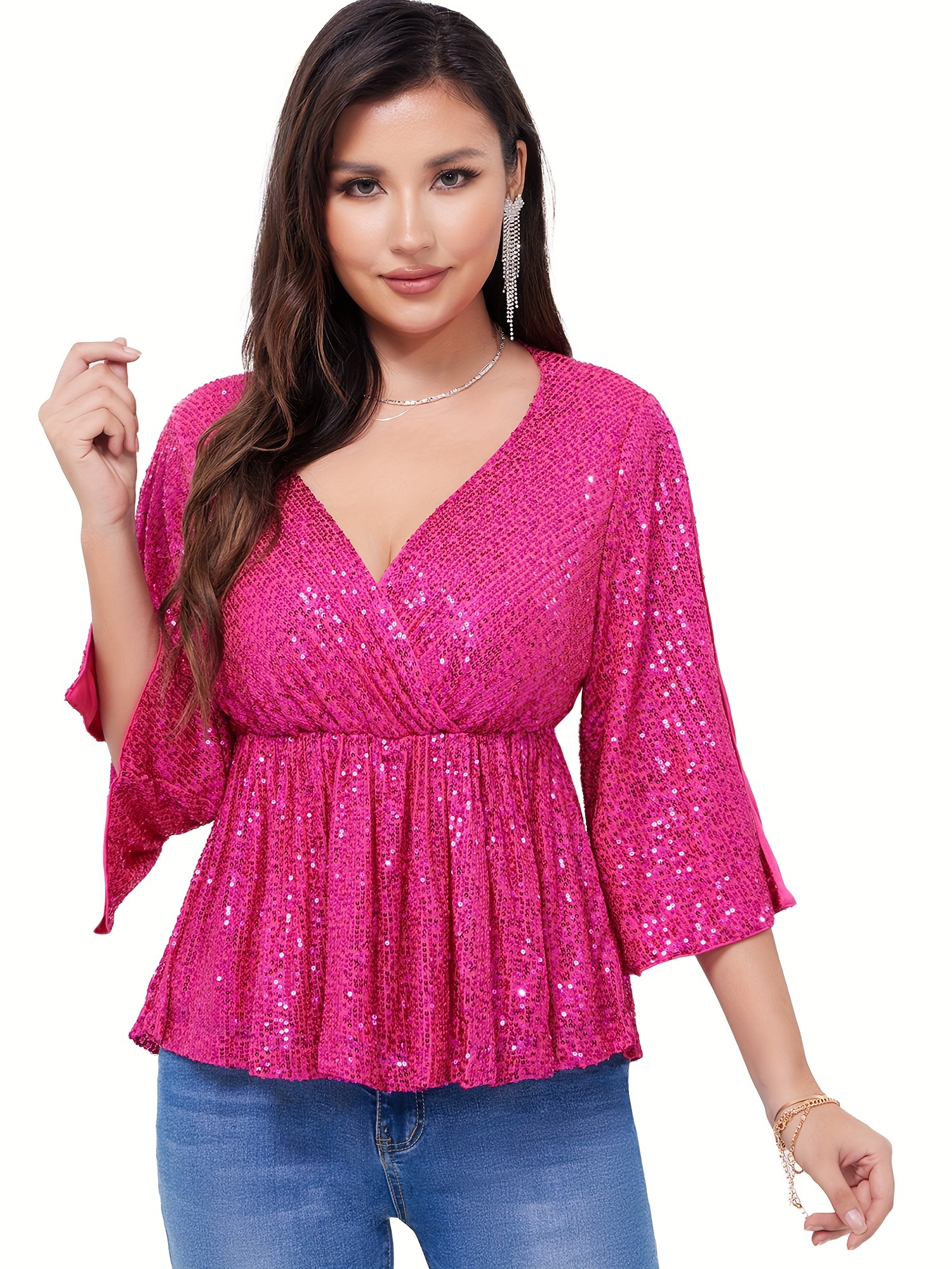 women s sequin tops sparkly v neck split 3 4 sleeve Temu