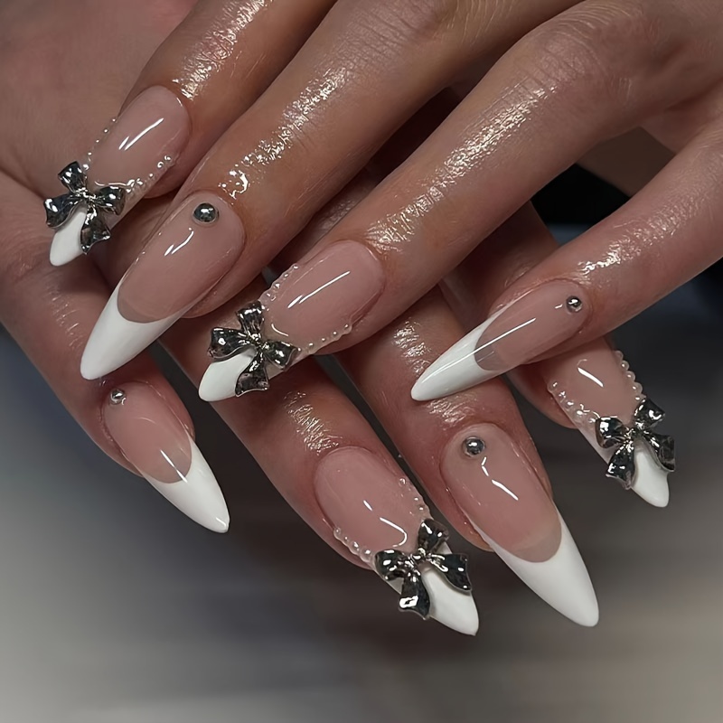 

24pcs Almond Shape French Tip Press-on Nails With 3d Alloy Bows & Pearls, White Full Coverage Fake Nail Set For Women & Girls