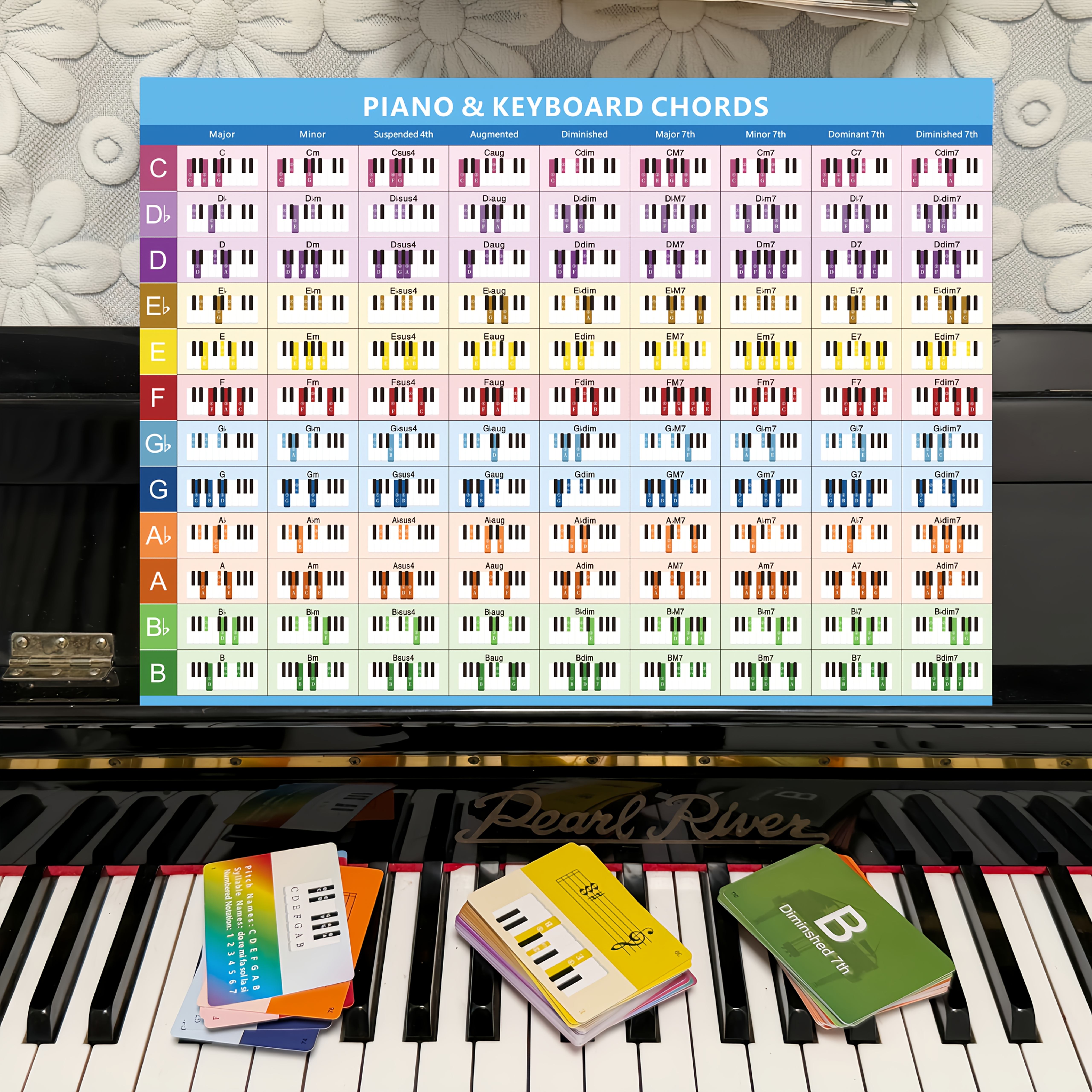 TEMU 110pcs Piano Chord Card Set With Colorful Chord Diagram Charts, 12 Keys, Each Key Contains 9 Used Chords, Different Colored Cards For Each Key,