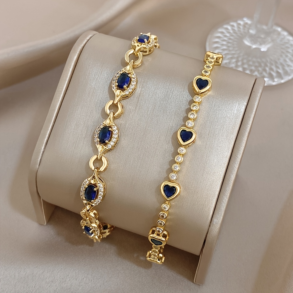 2pcs Set Unisex Heart Synthetic Zirconia Copper Bangle Bracelet