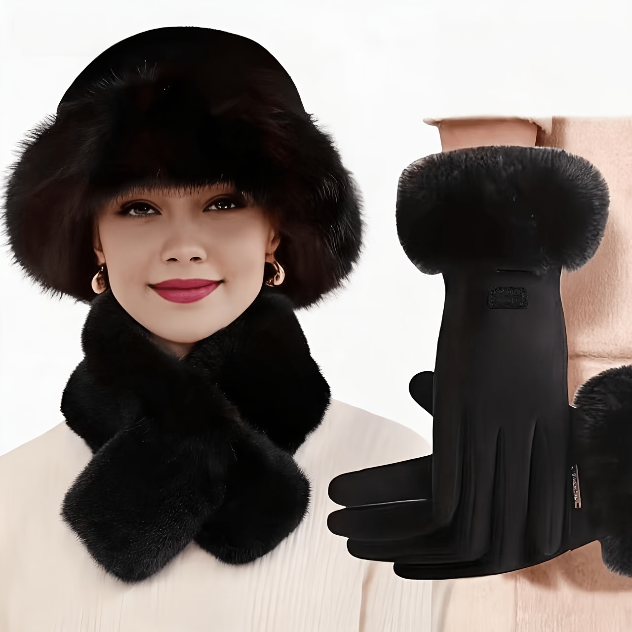 TEMU Fashion Autumn Winter Cold-proof Warm 3pcs Set Windproof Ear Protection Hat Fashion Cross-neck Scarf Warm Finger Gloves
