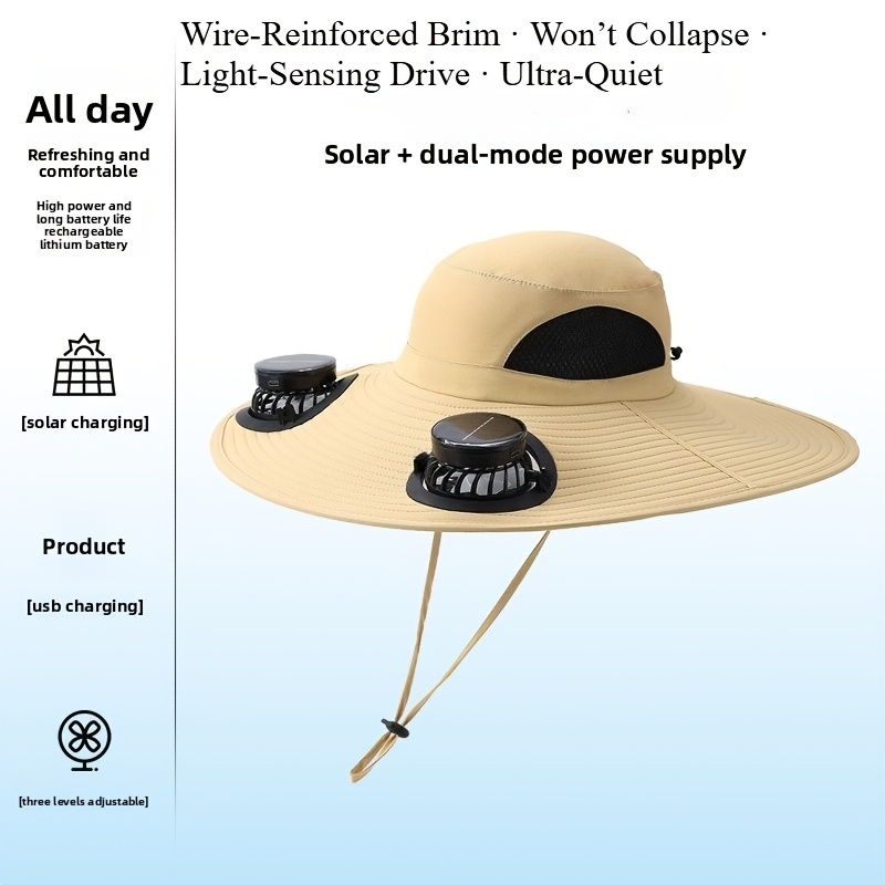 TEMU 2026 Latest R&d Light-sensitive Silent Multifunctional Fan Hat. Embedded Dual Fans. Solar Power/usb Charging For Use. Equipped With 2pcs Large
