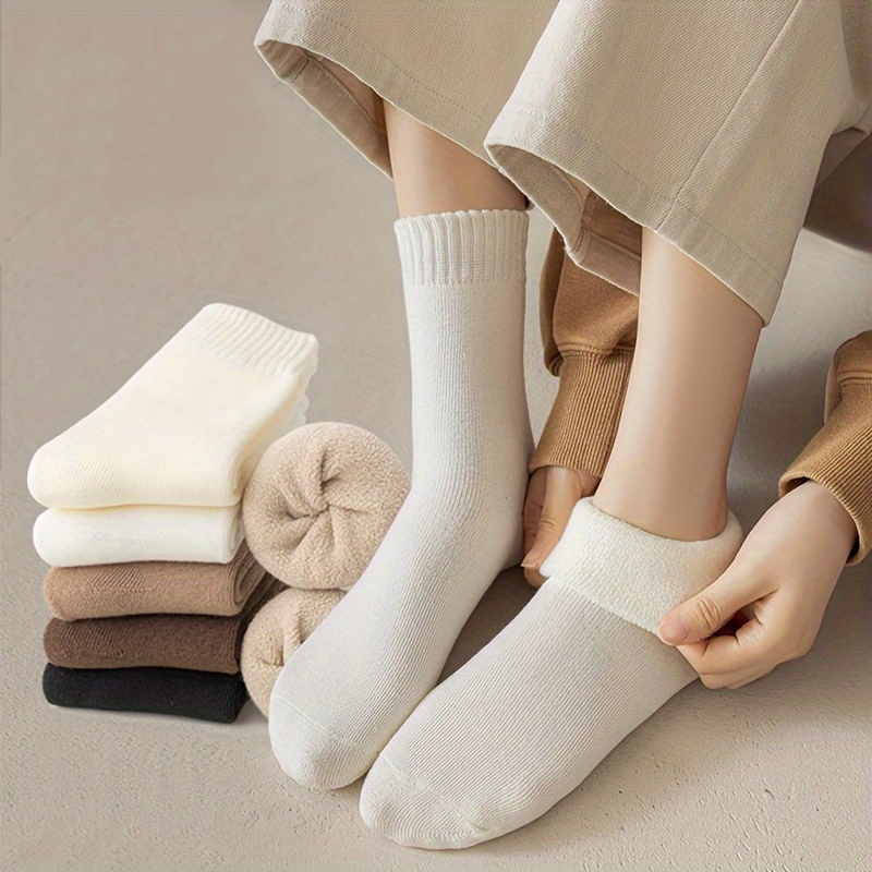 

Elegant Couples' Polyester Socks 5 Pairs Pack – Comfortable Knit Fabric, Solid Color, Short And Warm Long With Thickness, Spandex , Non-slip, Thermal Indoor Floor Socks For Winter