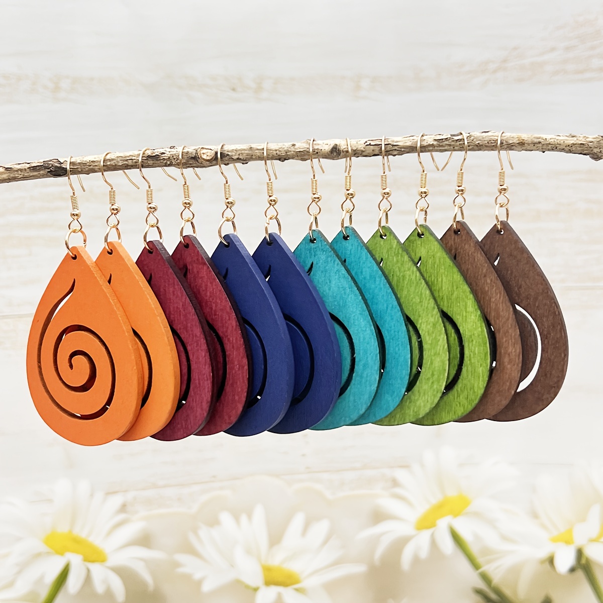 

6 Pairs/set Creative Drop Hollow Snail Wooden Earrings And Earrings, Bohemian Trendy Combination Wooden Earrings For Women