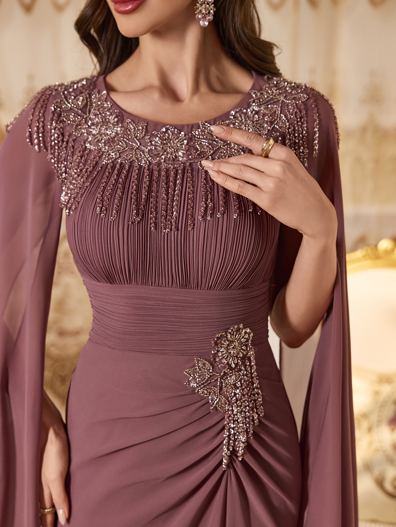 womens round neck shrug sleeve gathered waist flattering
