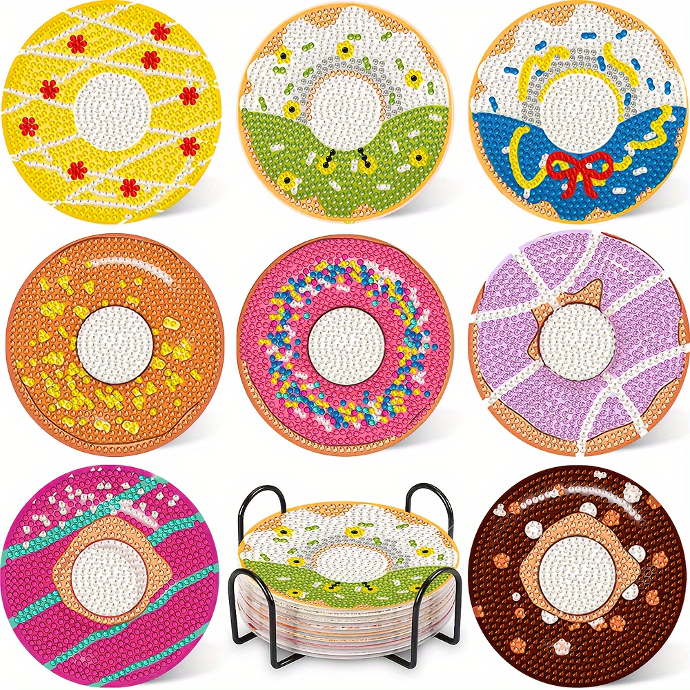 

8-piece Donut Style Diamond Art Coaster With Stand, Diy Diamond Art Coaster Set, Suitable For Beginner Art And Craft Supplies
