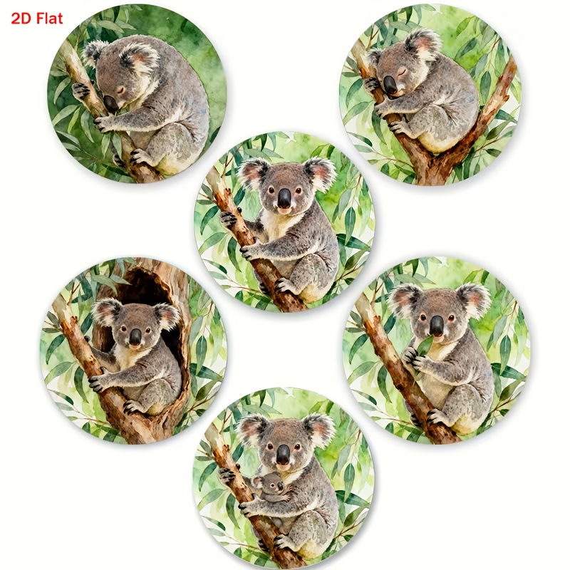TEMU 2d Flat, 6pcs, Koala-patterned Wooden Coasters, Suitable For Bars, Home Parties, Cafes, Offices, , Home Decoration, New Year Gift, 2d Flat