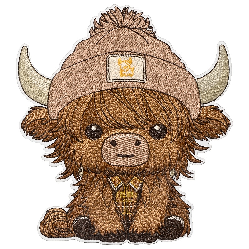 E-shop 1 Entzückender Highland-Kuh-Cartoon Bestickter Aufnäher - Mit Kariertem Hemd & Mütze, Polyester, Zum Aufbügeln/Nähen für Kleidung, Rucksäcke,
