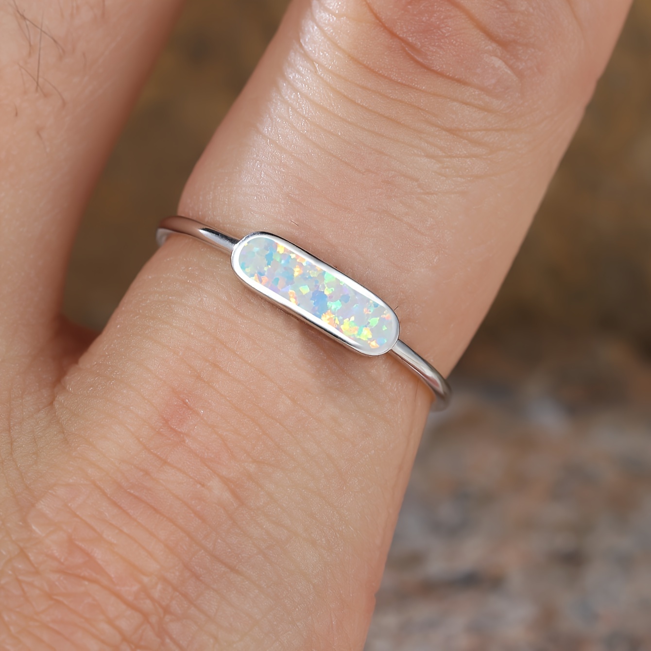 Women's 925 Silver Rectangular Synthetic Opal Ring, Fashionable