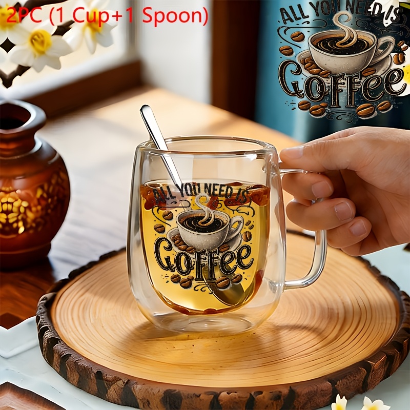 TEMU 2pcs Insulated Double-walled Borosilicate Reusable Glass Cup With Spoon Handle,large Capacity Clear Coffee Mug For Beverages Drinks For Men
