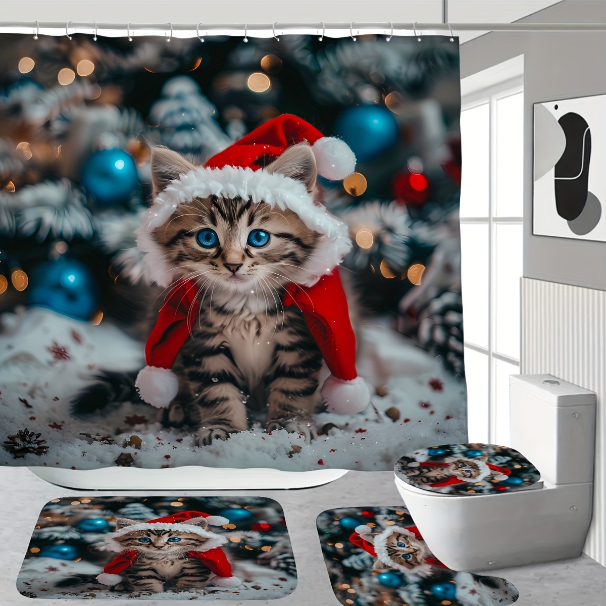 

Festive Christmas Kitten Shower Curtain Set: Includes Curtain, Toilet Seat Cover, And Bath Mats With 12 Plastic Hooks - 180*180cm