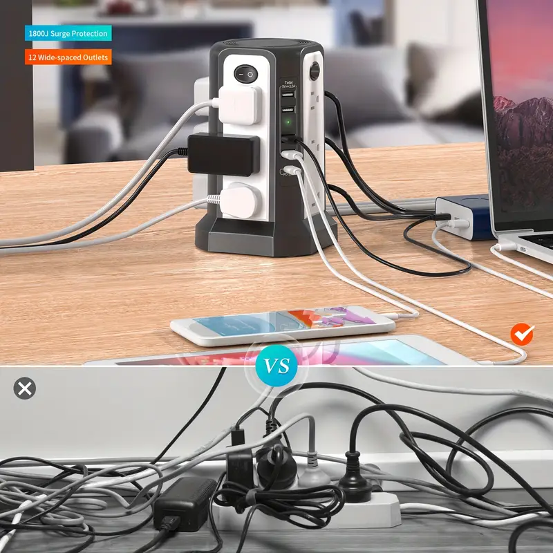 protector tower with usb c pd18w board tower with 4 usb a ports 10ft flat plug extension cable with 12 ac multi sockets 1800j protection for home office details 0