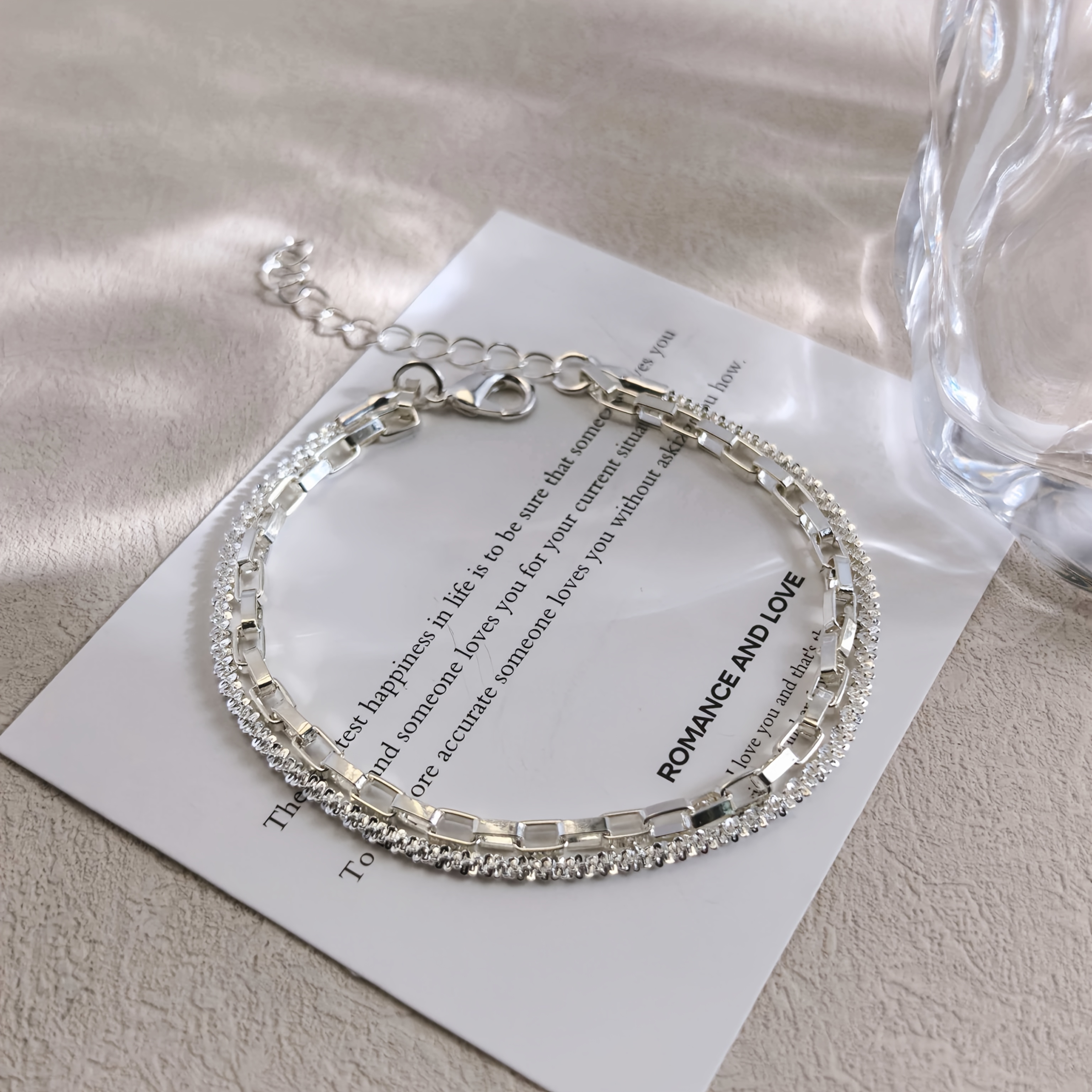 TEMU Bracelet géométrique à double couche étincelant, élégant et adorable, en acier inoxydable argenté plaqué, de luxe léger, pour femmes, idéal pour
