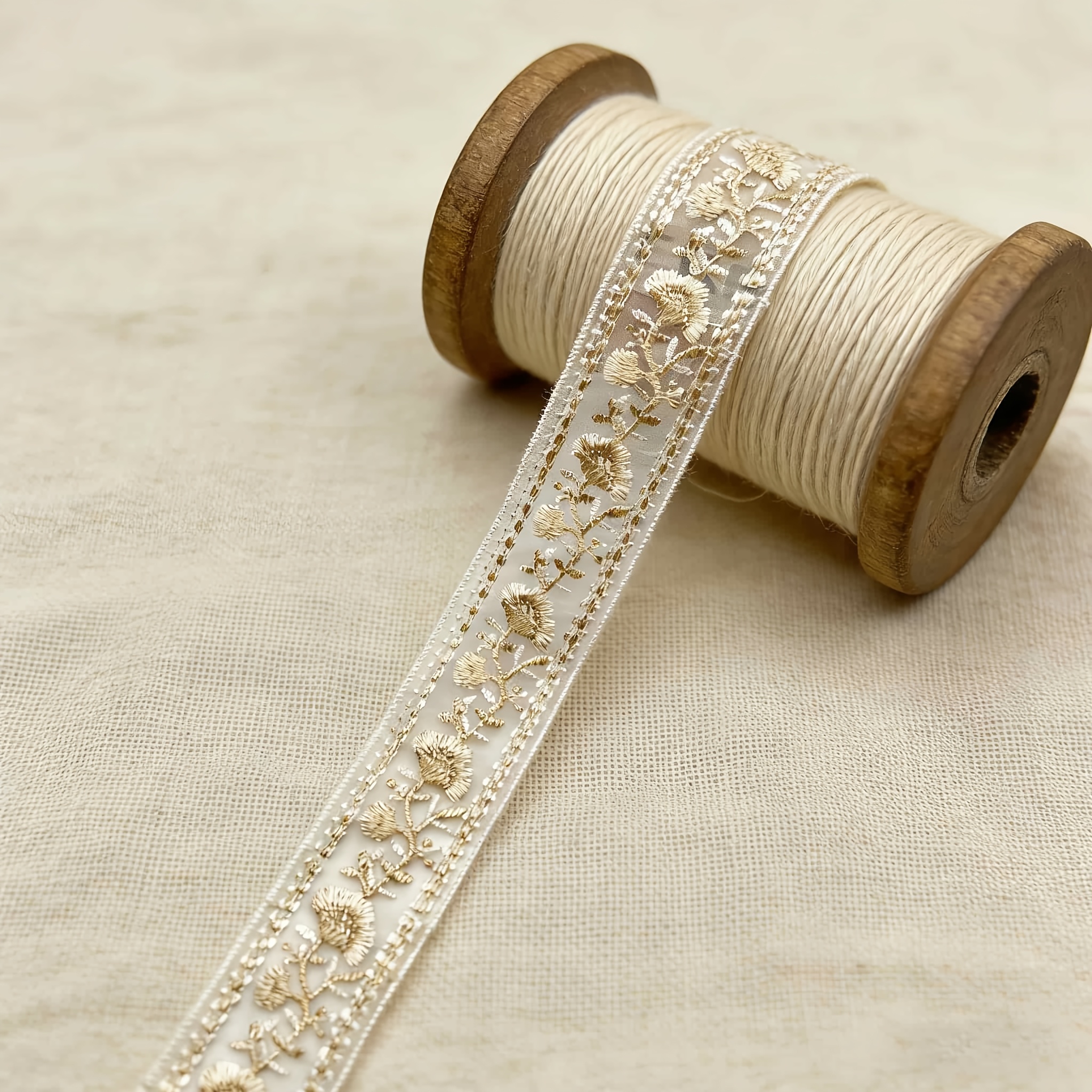 TEMU 2-yard 3.5cm Ethnic-style Embroidered Car Bone Ornament With Sequin Lace Trim, Beige Thread Fabric Accessory