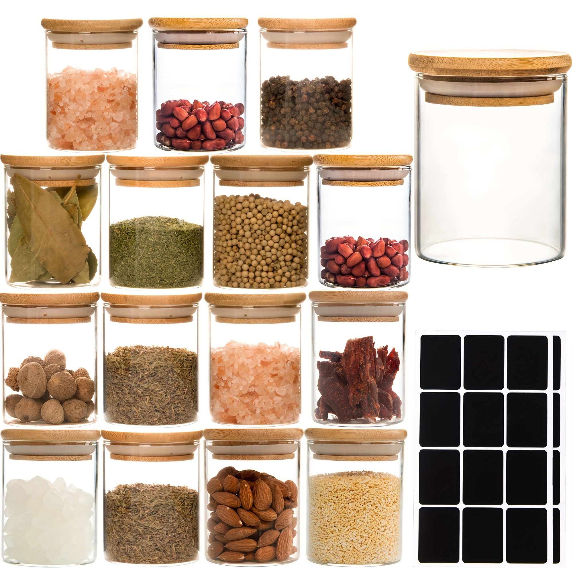 

[16 Pack] 6.5 Oz Glass Jars With Lids, Spice Jars Set With Bamboo Lids For Spice, Beans, Candy, Nuts, Herbs, Dry Food Canisters With Extra Chalkboard Labels