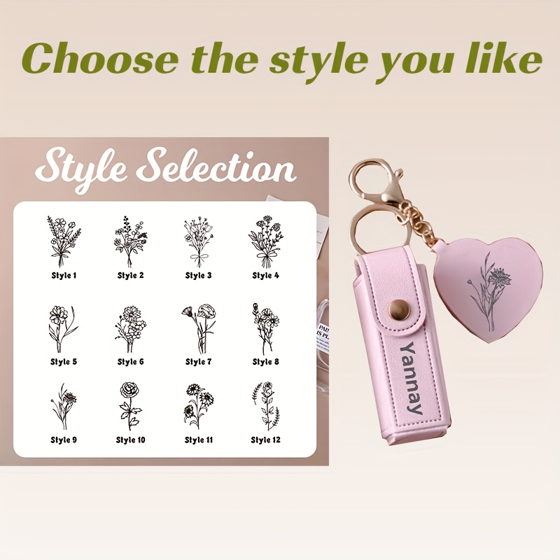 TEMU Personalized Custom Lipstick Bag Keychain With Mirror - Custom Name/text & Flower Lipstick Case, Anti-lost Keychain Attachment, Bridesmaid