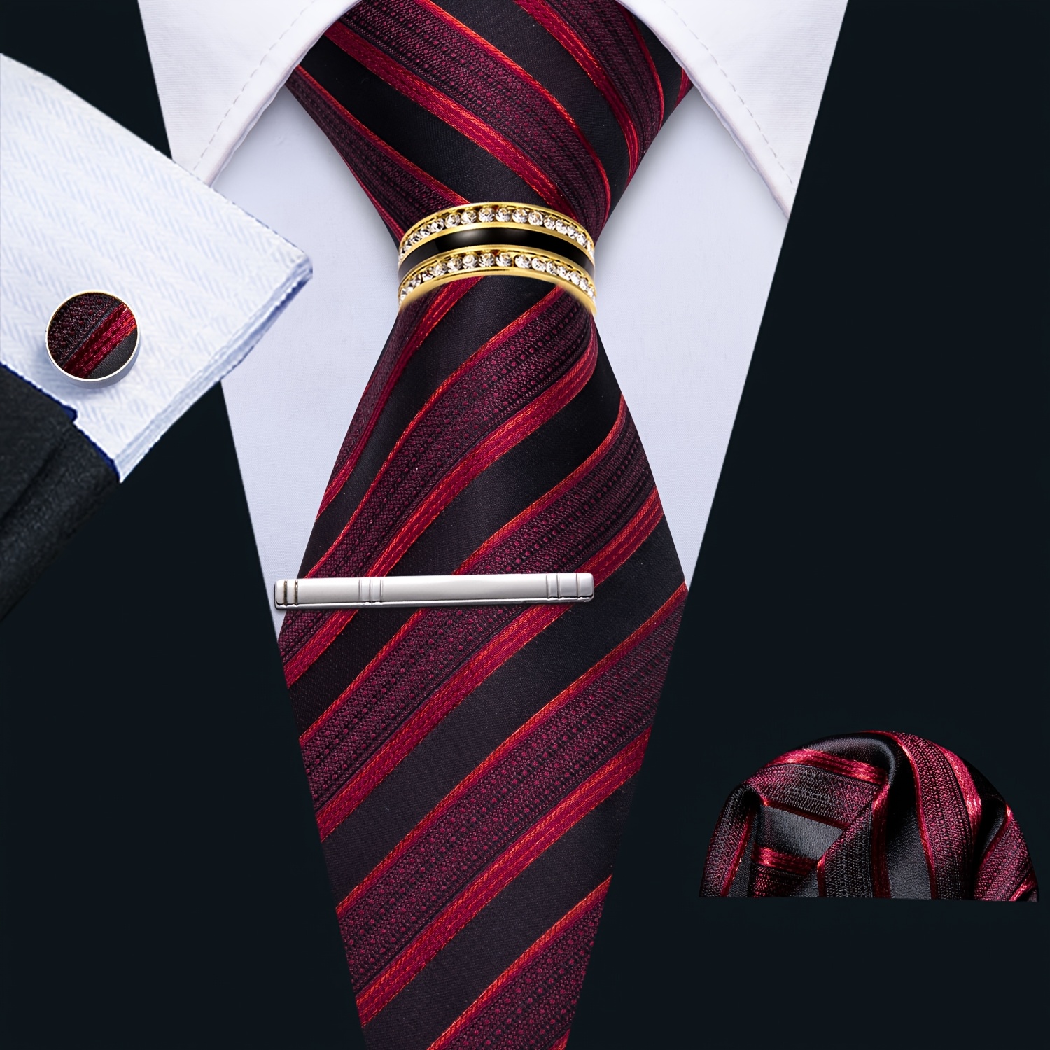 

1 Set Lineziseid Set - Striped Tie Matching Handkerchief, Cufflinks, And - Formal