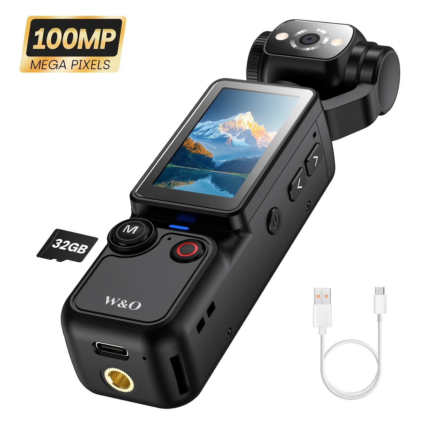 w o 4k hd video recording pocket camera 180 rotating 100w pixel 2000mah battery 1 9 inch screen webcam usb c charging 32g memory card mini audio visual compact camera outdoors sports camera suitable for outdoor sports cycling