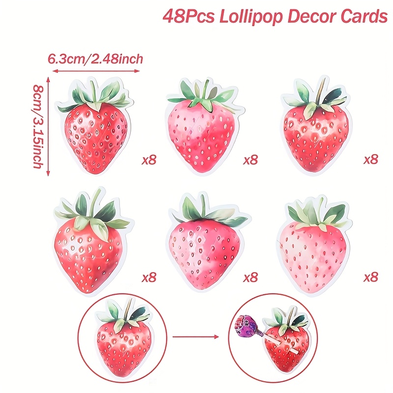 Image of 48pcs,strawberry Lollipop Decor Cards,strawberry Lollipop Decor Cards,strawberry Theme Party Decor,wedding Shower Party Decoration,party Favor,birthday Party Decor, Shower Party Supplies,party Packs