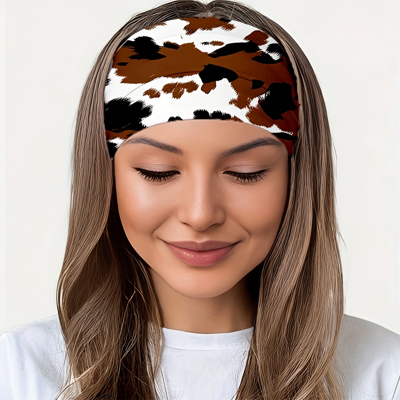 TEMU New Brown, Black, And White Abstract Cow Print Headband For Yoga / Gym / Running / Cycling, Travel / / Beach, Non-slip / Knotted Design / Warm