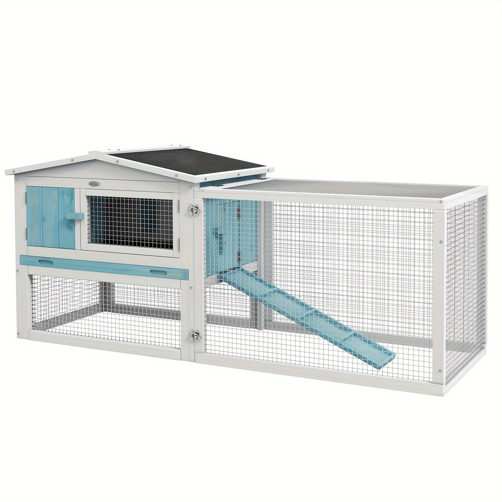 pawhut rabbit hutch 2 story bunny cage small animal house with slide out tray detachable run for indoor outdoor 61 5 x 23 x 27 light blue