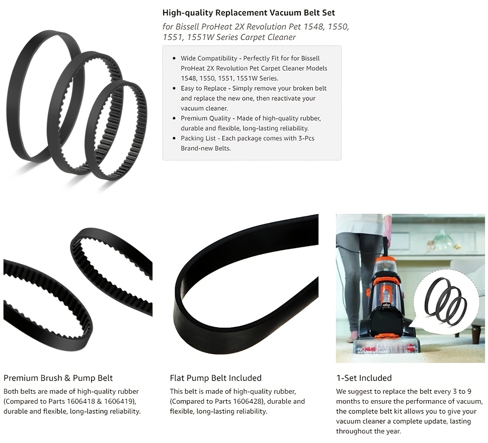 [3pcs replacement belt kit for     2x   pet carpet cleaners] replacement belt kit for     2x   pet carpet cleaners, compatible with models 1548, 1551, 1551w, and 1550 series, replacing parts 1606419, 1606418, and 1606428. details 0