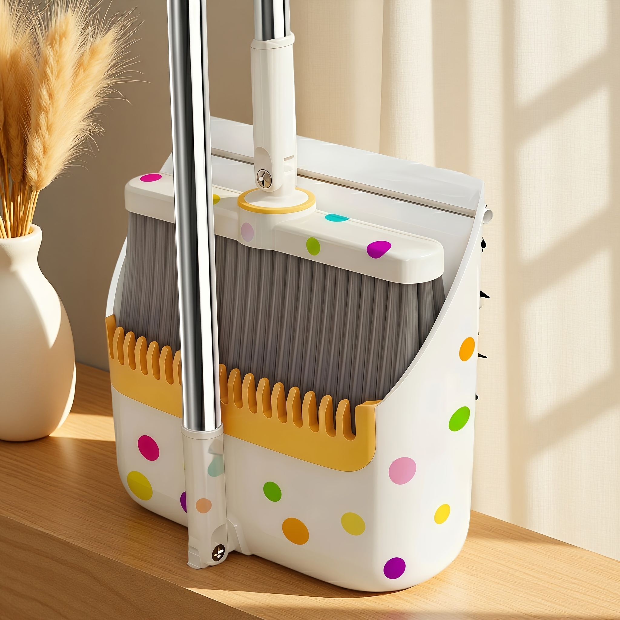 TEMU Extended Heavy-duty Broom And Dustpan Set: Ergonomic Long-handle Broom With Hair-scraping Teeth And A Foldable, Compact Storage Dustpan, Yellow