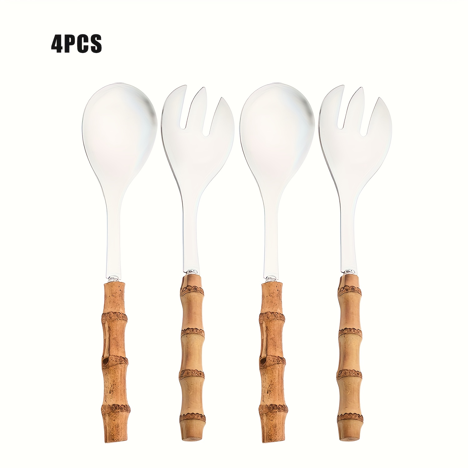 TEMU 2/4pcs Set Of Natural Bamboo-handled Service Forks And Spoons, Simple Mirror-finish Stainless Steel Cutlery, Suitable For Family Gatherings,