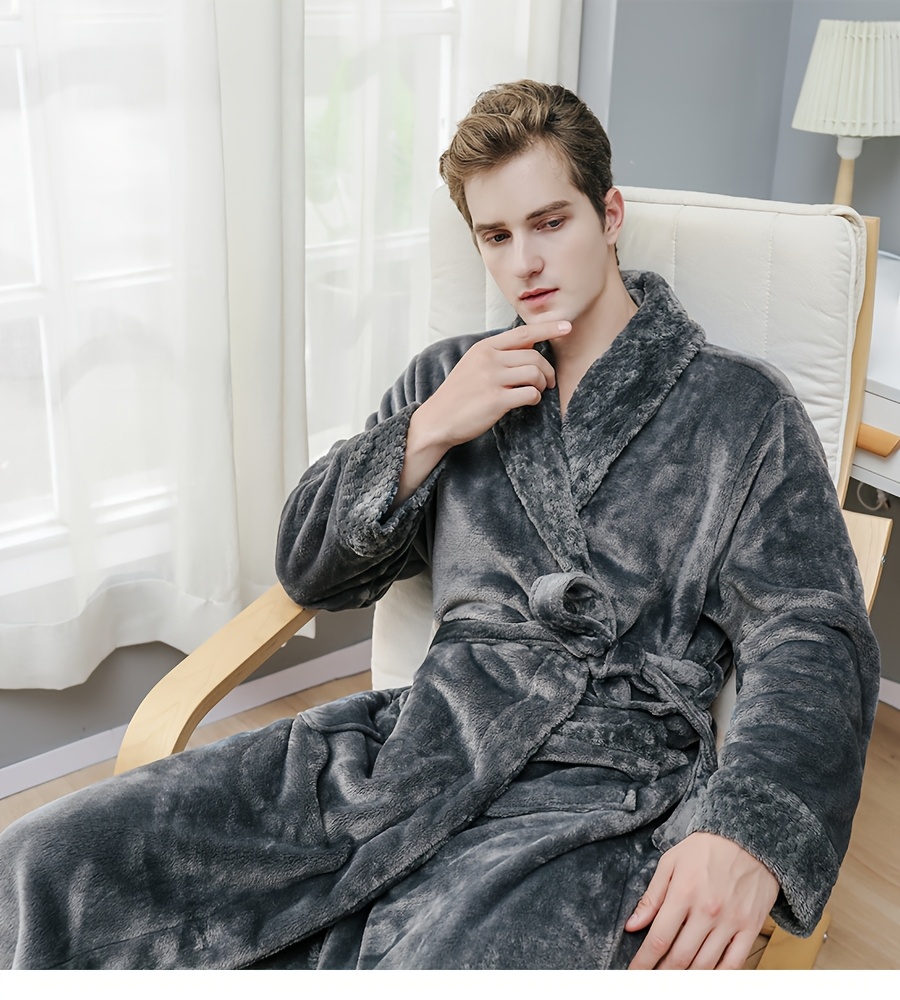 1pc Bathrobe Women or Men Plus Size for Winter & Spring & Autumn, No Hooded, Grey, Long, Flip Collar, Plush Robe for Bathroom, Bedroom, Thicken Flannel Towel for Shower, Sleepwear Gown, Can As Couple Home Clothes Robes
