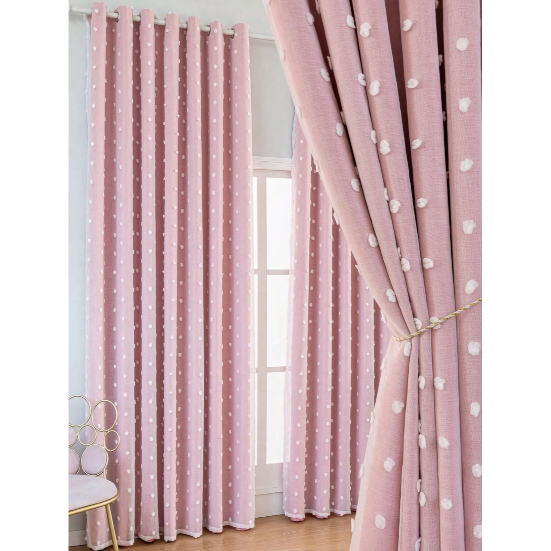 TEMU 1pc Sweet And White Pom-pom Double-layer Blackout Curtain, Pink High-precision Polyester Lining Fabric, Grommet Top, Soft, Smooth, Washable,