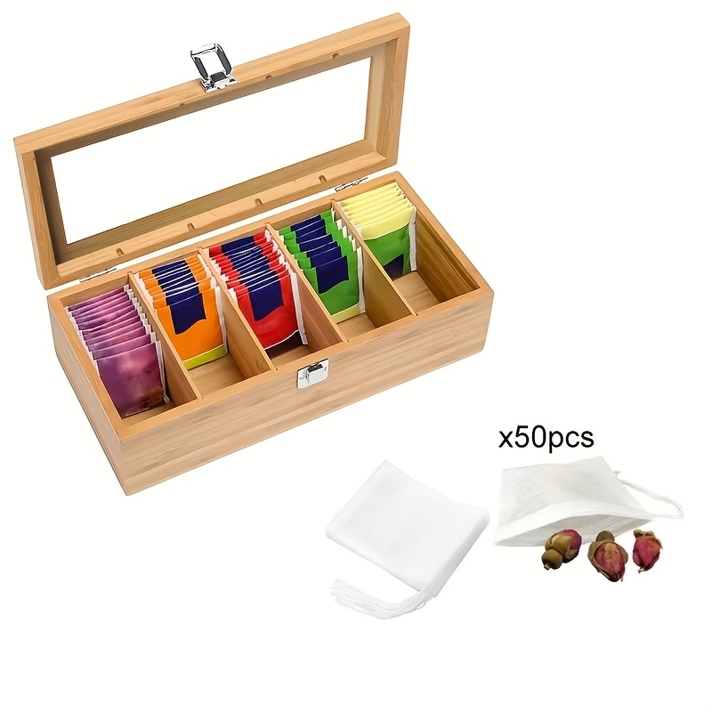 E-shop Bambus-Tee-Aufbewahrungsbox mit 5 Fächern Acrylfenster – Luftdichter Behälter mit Klappdeckel als Teebeutel-Organizer, chinesisches Teezubehör