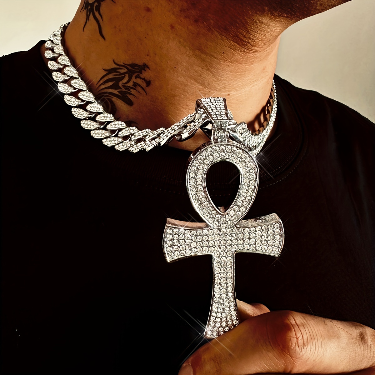 

Hip Hop Ankh Cross Key Pendant Necklace With Full Rhinestone Cuban Chain For Men Rapper Chain Accessories