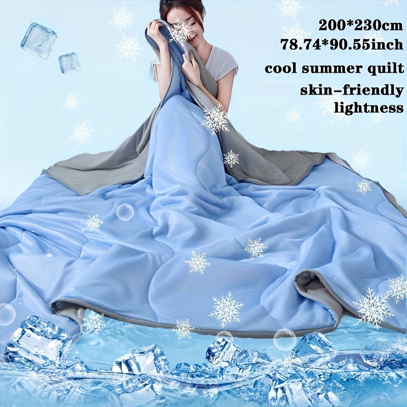 1pc Cooling Summer Blanket - Light Blue And Gray Quilted Design, Breathable Polyester Fiber, Machine Washable, Perfect For Bed Or Sofa