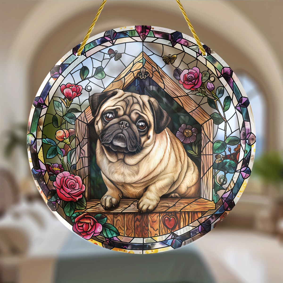 

8" X 8" Pug Dog House Stained Glass Hanging Decoration - Perfect Gift For Dog Lovers