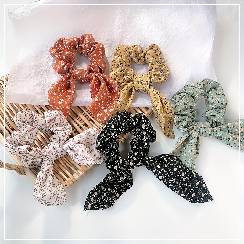 Image of 5-pack Printed Pig Hair Ties, Luxury Small Floral Headband Temperament Hair Rope Ribbon Little Fragrance Style Super Hair Band Hair Accessory