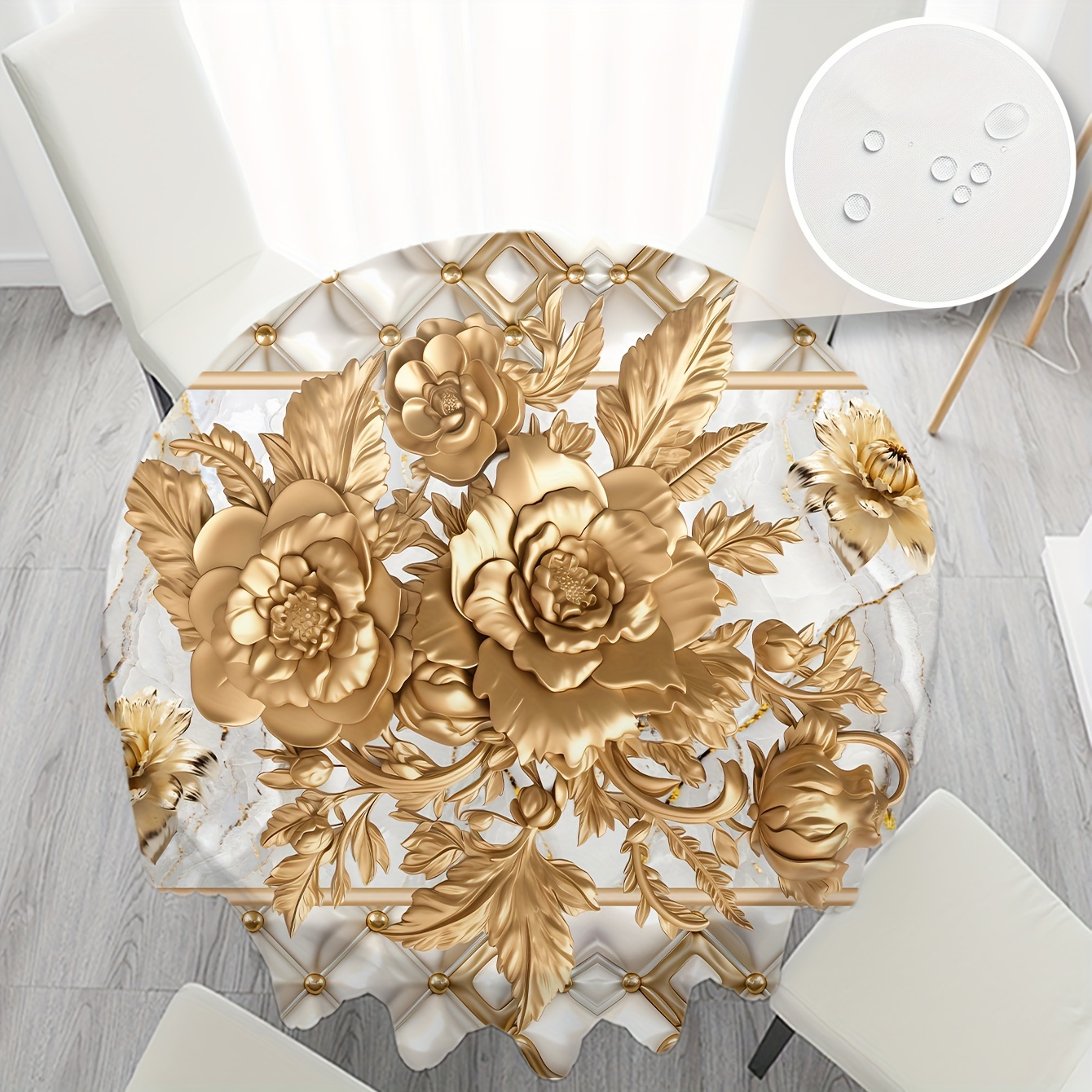 

Elegant Golden Floral Round Tablecloth - Stain & Waterproof, Perfect For Parties, Home Kitchens, Banquets & Patios