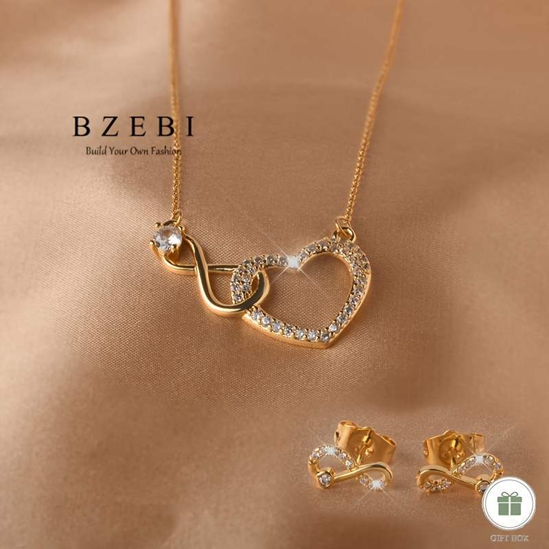 TEMU Bzebi Elegant Titanium Steel Jewelry Set, 18k Golden Plated Vintage Style Heart Pendant Necklace And Earrings With Synthetic Zirconia, Ideal For