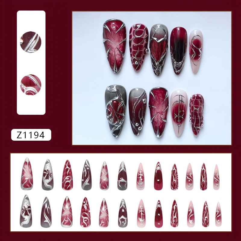 Mysterious Dark Red Smoky Metallic Textured Detachable Nail Tips In European/american Punk Style