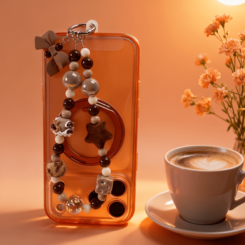 TEMU 1pc Caramel Chestnut-colored Bead Phone Chain, Retro Grand Star Pendant, Hot Item Accessory Removable Versatile Phone Case Pendant