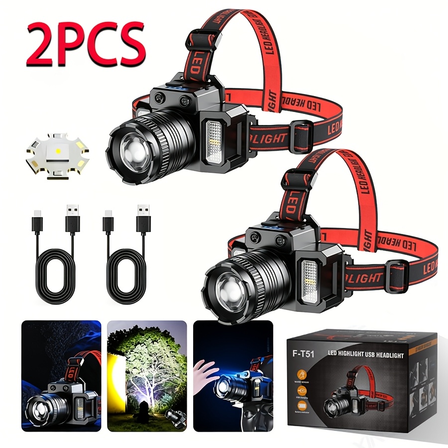 TEMU 2pcs Led Induction Headlamp, Usb Rechargeable Headlight With Motion Sensor 5 Mode Headlight, Head-mounted Flashlight, Outdoor Work Light, Patrol