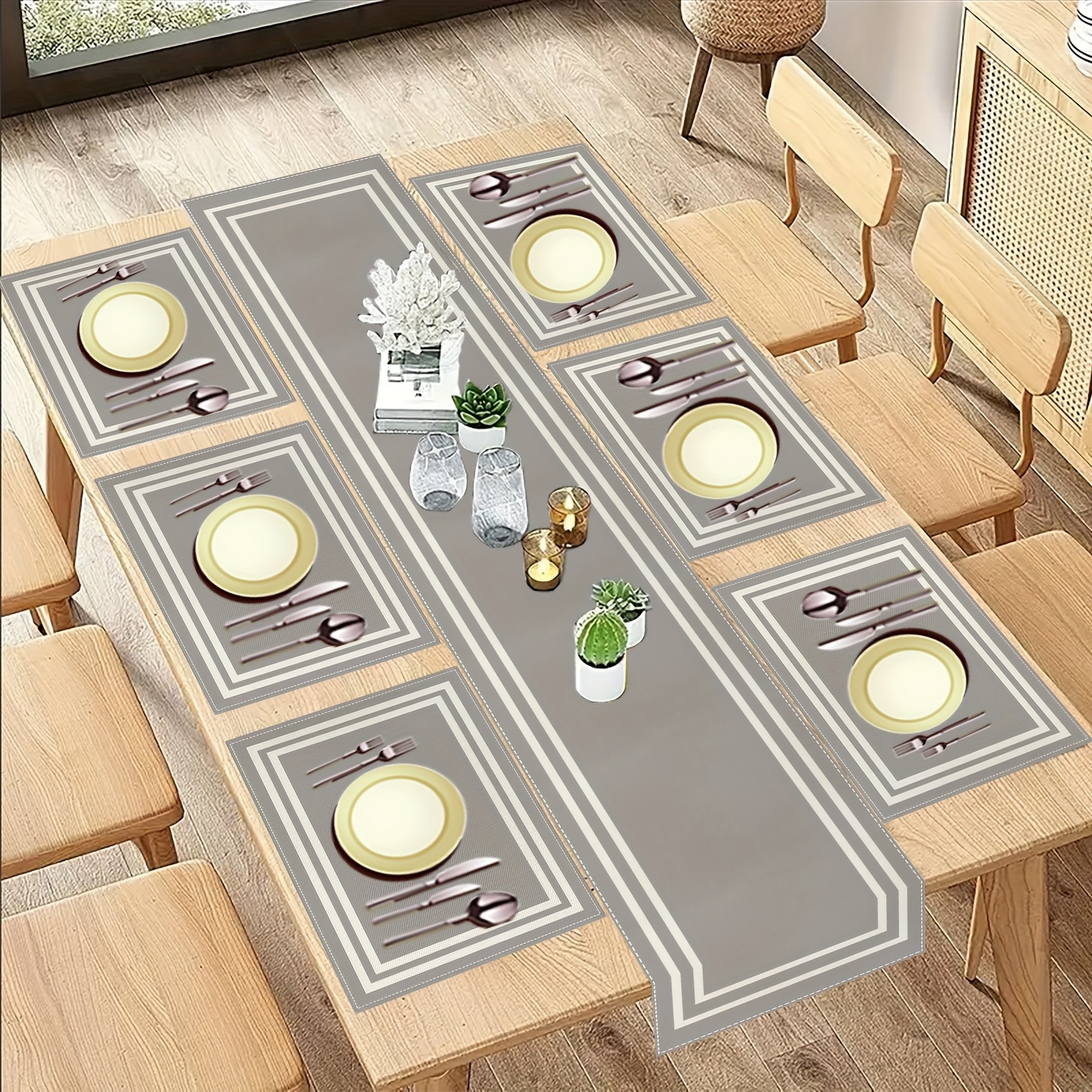 5/7-teiliges set, graues thema mit geometrischem weißen rahmen-design, tischläufer- und untersetzer-set, waschbarer tischläufer und untersetzer, für küche zu hause, outdoor-party, esstischläufer und untersetzer