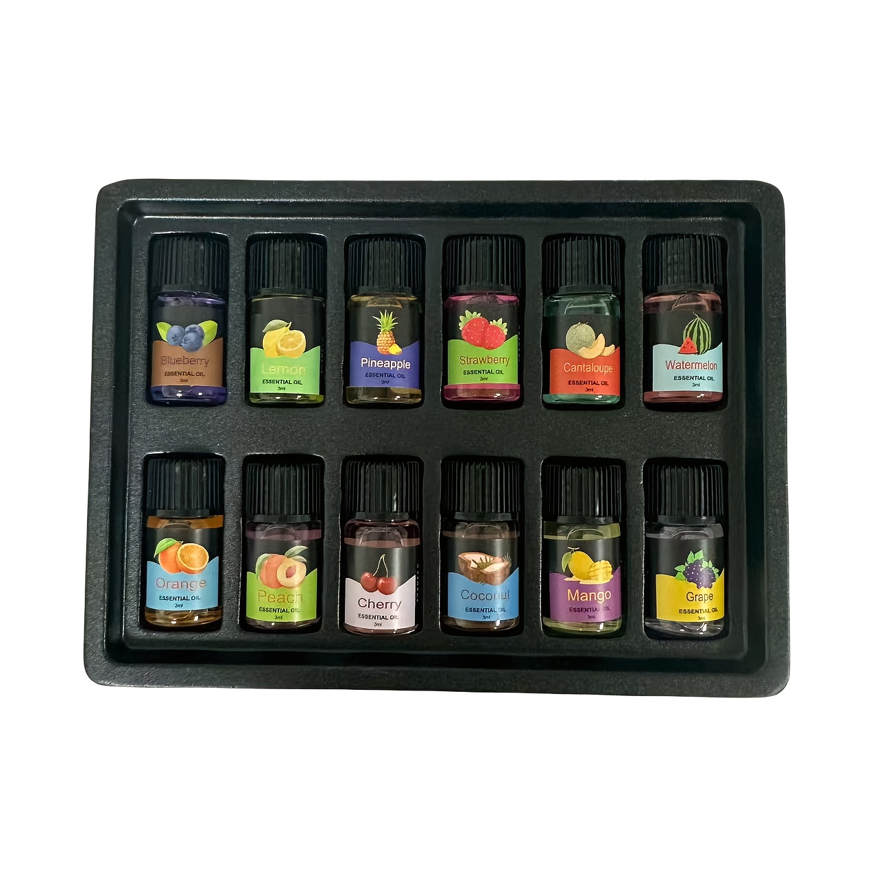 12 Bottles Essential Oil Set For Diffusers, Humidifiers, Includes Watermelon, Lemon, Mango, Orange, Pineapple, Grape, Etc.