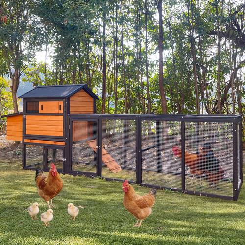 large chicken coop with run for 4 6 chickens outdoor chicken with 2 nesting boxes weatherproof asphalt roof pull out tray perches ramp poultry cage 114 x 26 84 w x 41 h brown