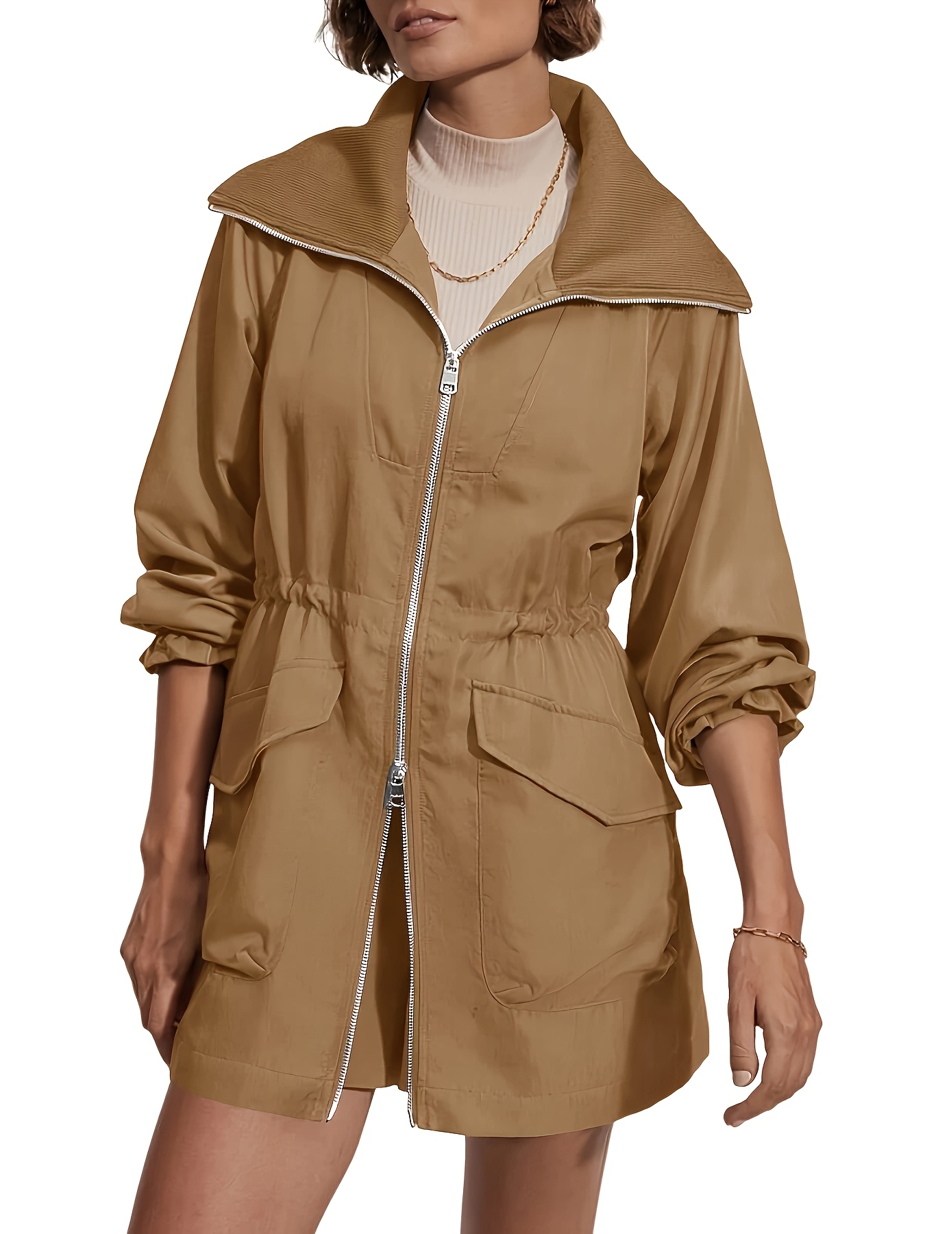 womens casual zip up utility jacket with drawstring waist lapel collar long sleeve h silhouette coat front pockets machine washable for   outdoor wear zipper closure