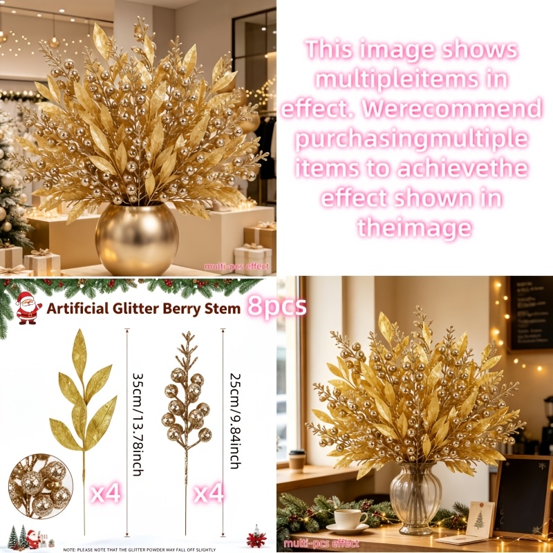 TEMU Confezione da 8 rami artificiali con e fogliame dorati, natalizi finti , riutilizzabili, di lunga , per alberi di Natale fai da te, decorazioni