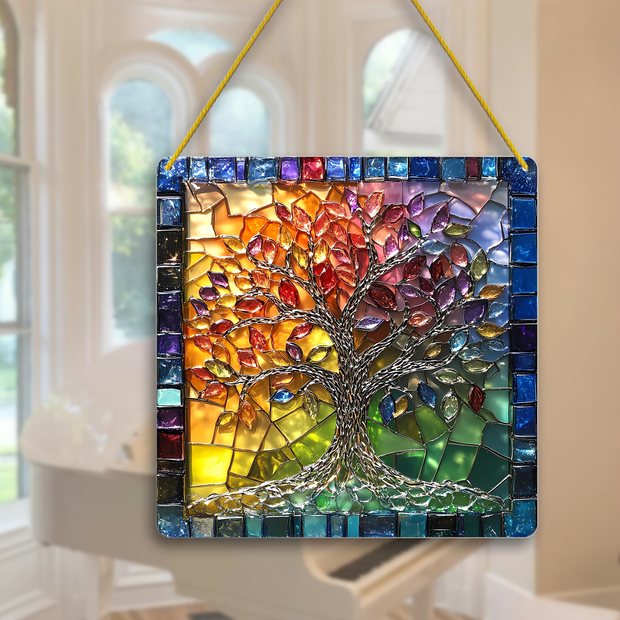 

Tree Of Life Stained Glass Sun - 8"x8" Vibrant Hanging Decor For Indoor & Outdoor, Perfect For Porch, Bedroom, Office, Patio - Unique Whimsical Gift Idea For All Seasons