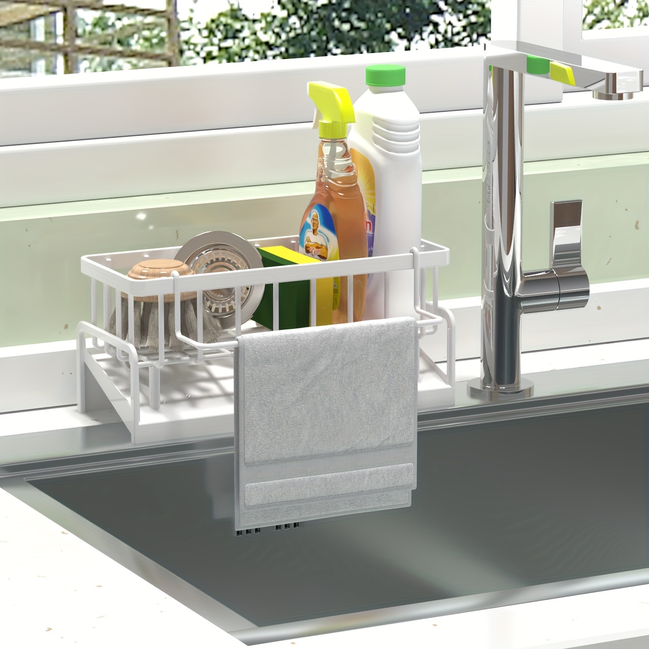 versatile space saving kitchen sink organizer   plastic open storage design for dishes utensils details 8