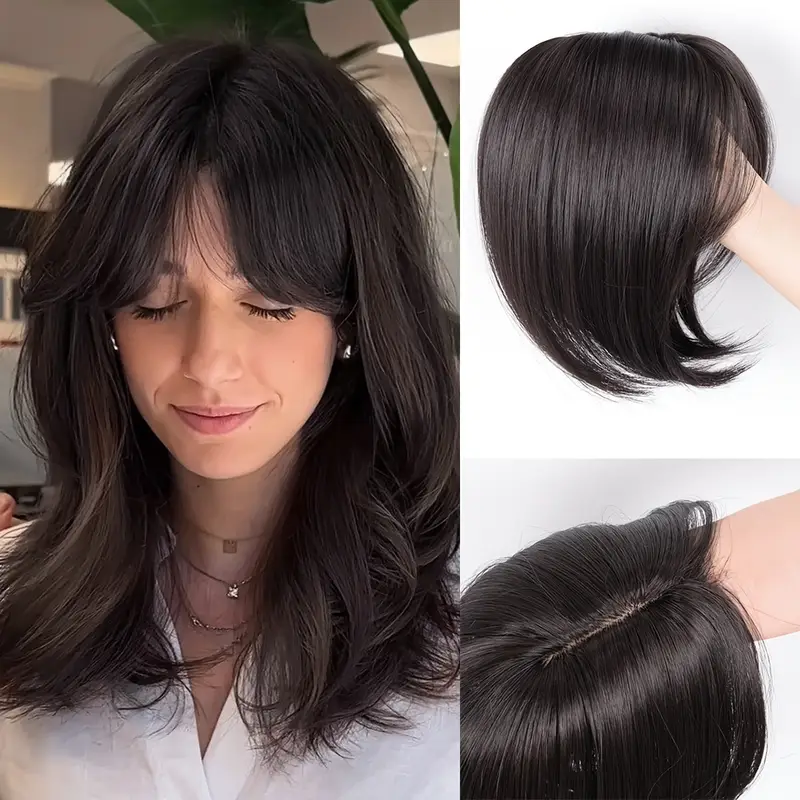 12 inch hair toppers for women with thinning hair synthetic hair topper with wispy bangs 3d cover upgrade middle part clip in bangs for women daily gift black dark brown heat resistant high temperature fiber details 1