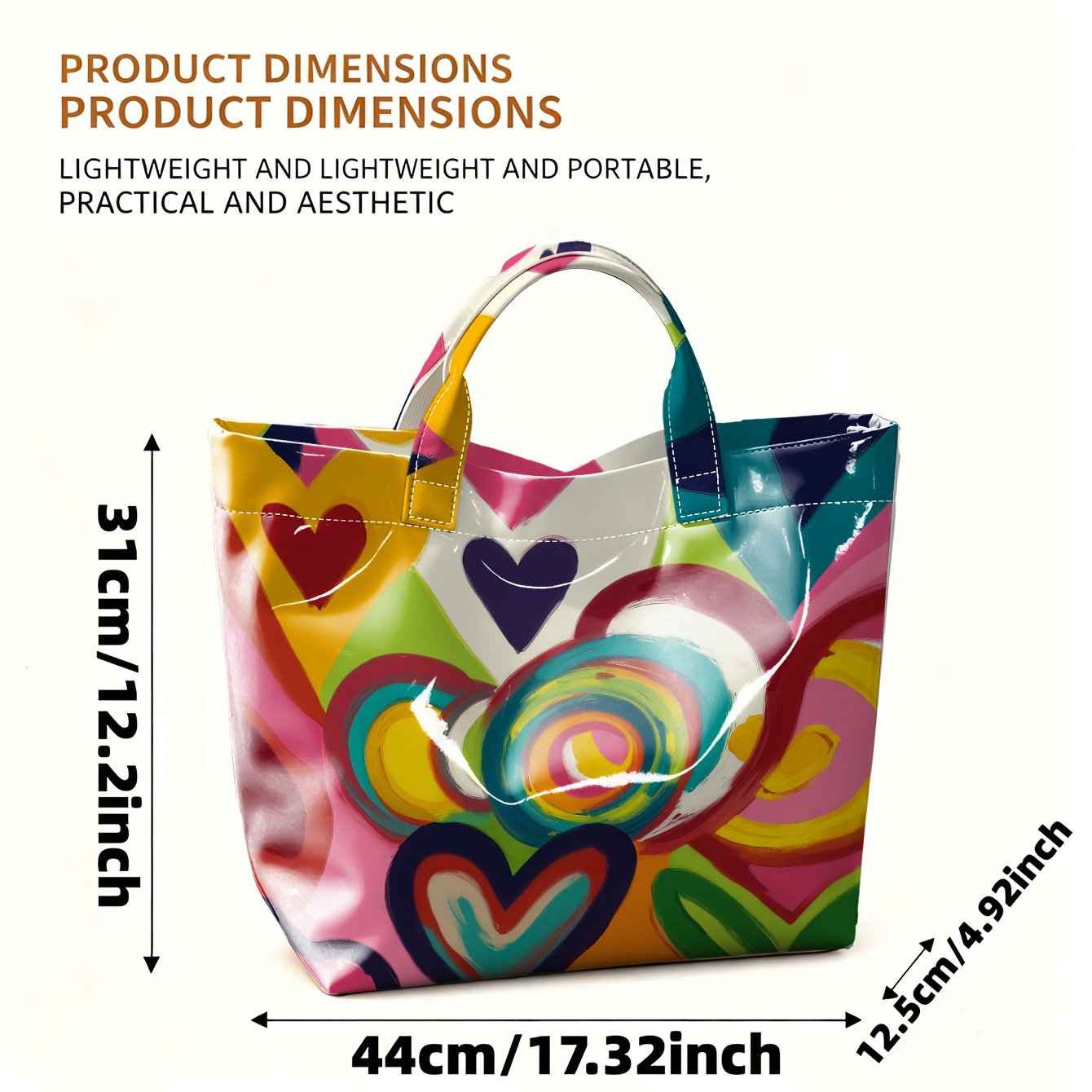 TEMU 1 ud. Bolso tote 2D acolchado de PVC con pintura decorativa de de amor colorido para mujer, bolso de de gran capacidad, bolso de plegable