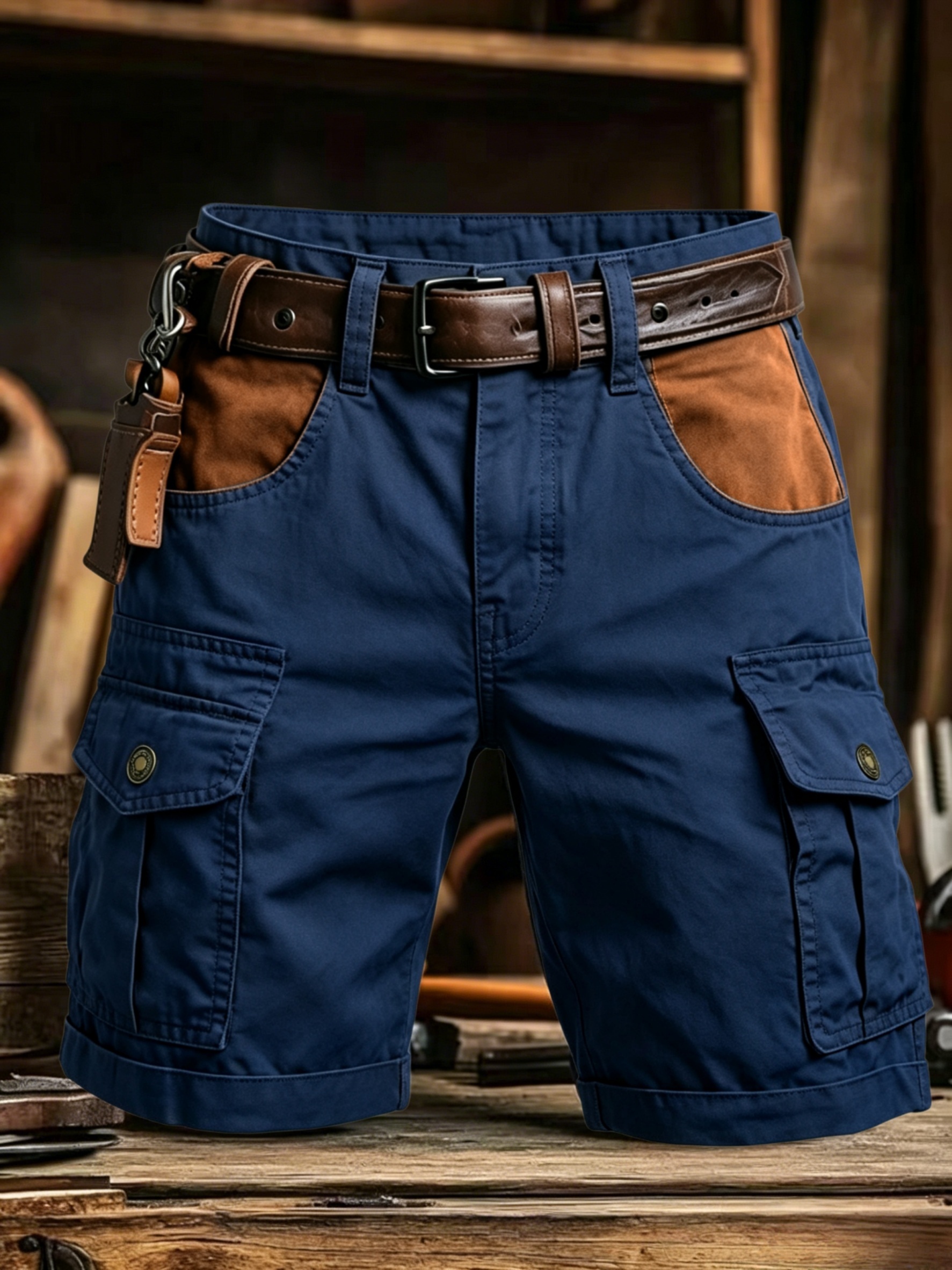 vintage-shorts im militärstil, brauner kontraststoff, design mit vordertasche, strapazierfähige streetwear-freizeitshorts,   für wandern  , sommerlicher freizeitstil „  für alltägliche arbeitsszenarien“